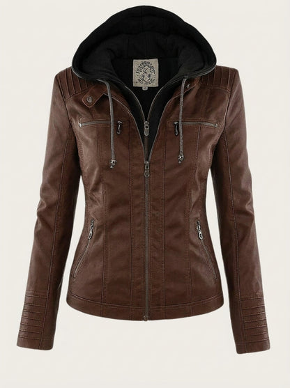 Esmée | Veste Effet Cuir Zippée à Capuche Chocolat