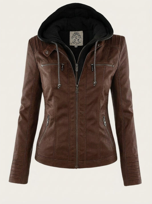 Esmée | Veste Effet Cuir Zippée à Capuche Chocolat