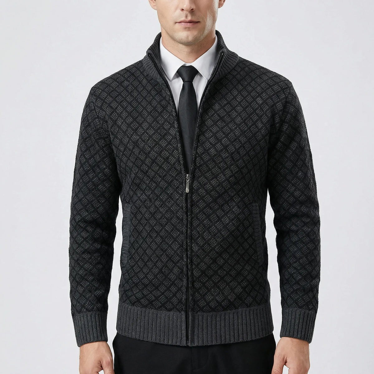 Gilet Tricoté Homme Zippé Col Haut
