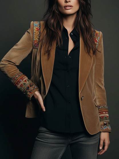 Esther | Blazer en Velours Caramel Brodé Bohème