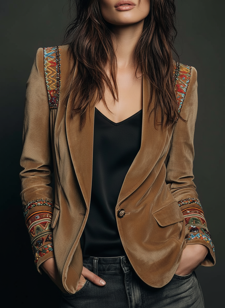 Esther | Blazer en Velours Caramel Brodé Bohème