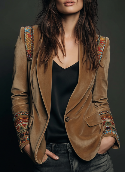Esther | Blazer en Velours Caramel Brodé Bohème