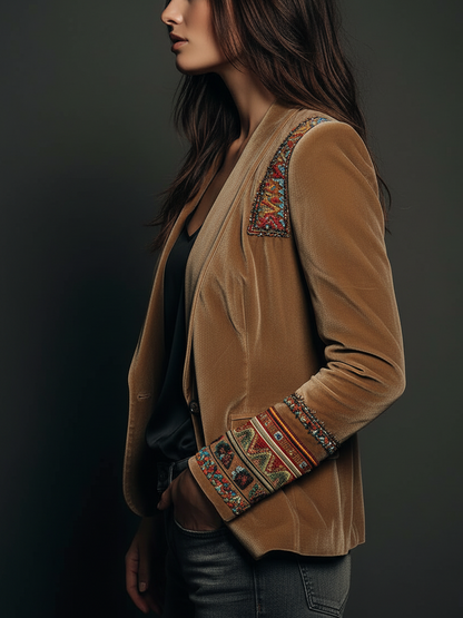 Esther | Blazer en Velours Caramel Brodé Bohème