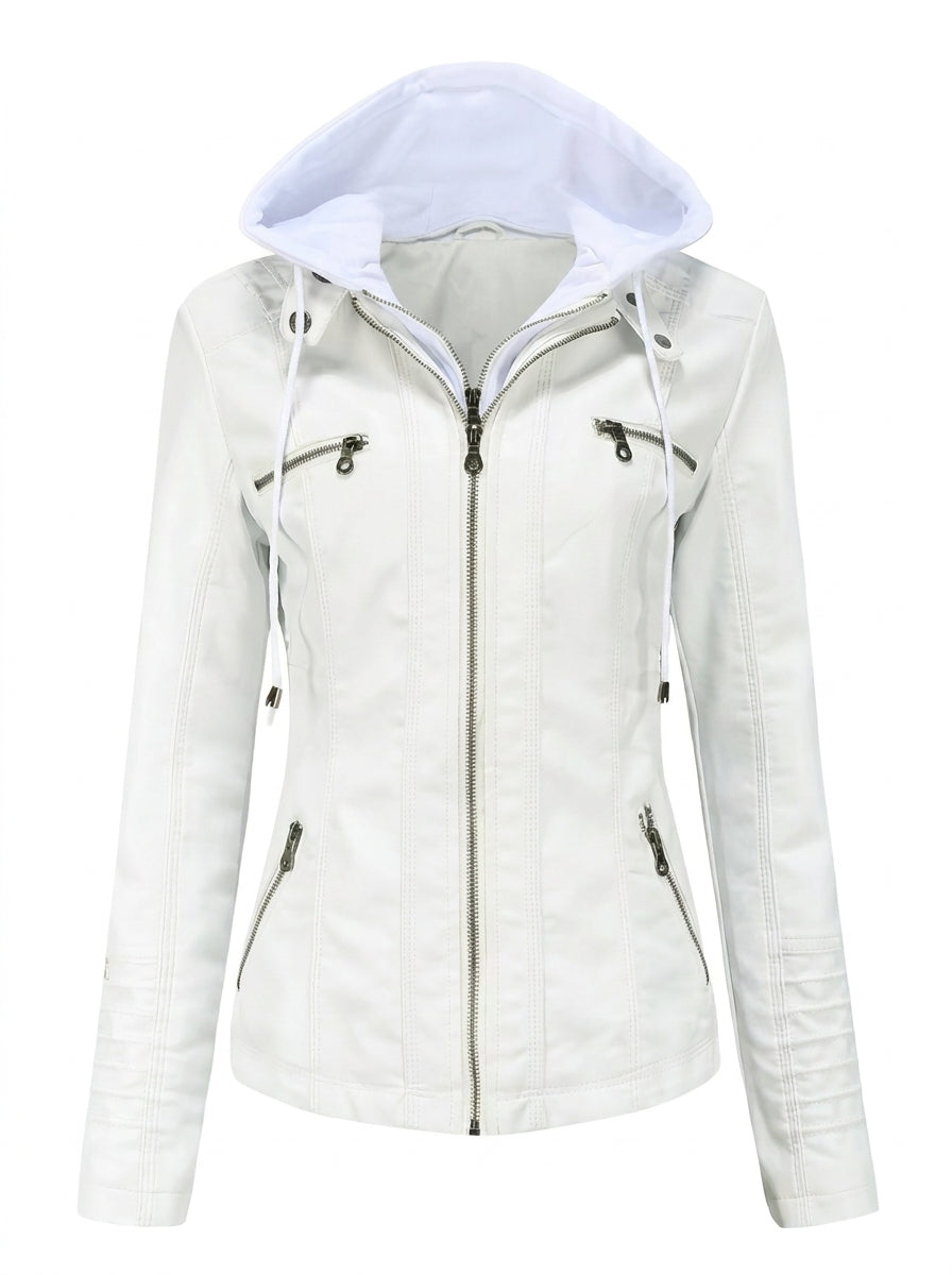Clervie | Veste Effet Cuir Zippée à Capuche Blanc