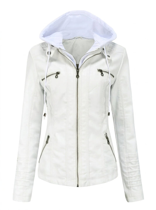 Clervie | Veste Effet Cuir Zippée à Capuche Blanc