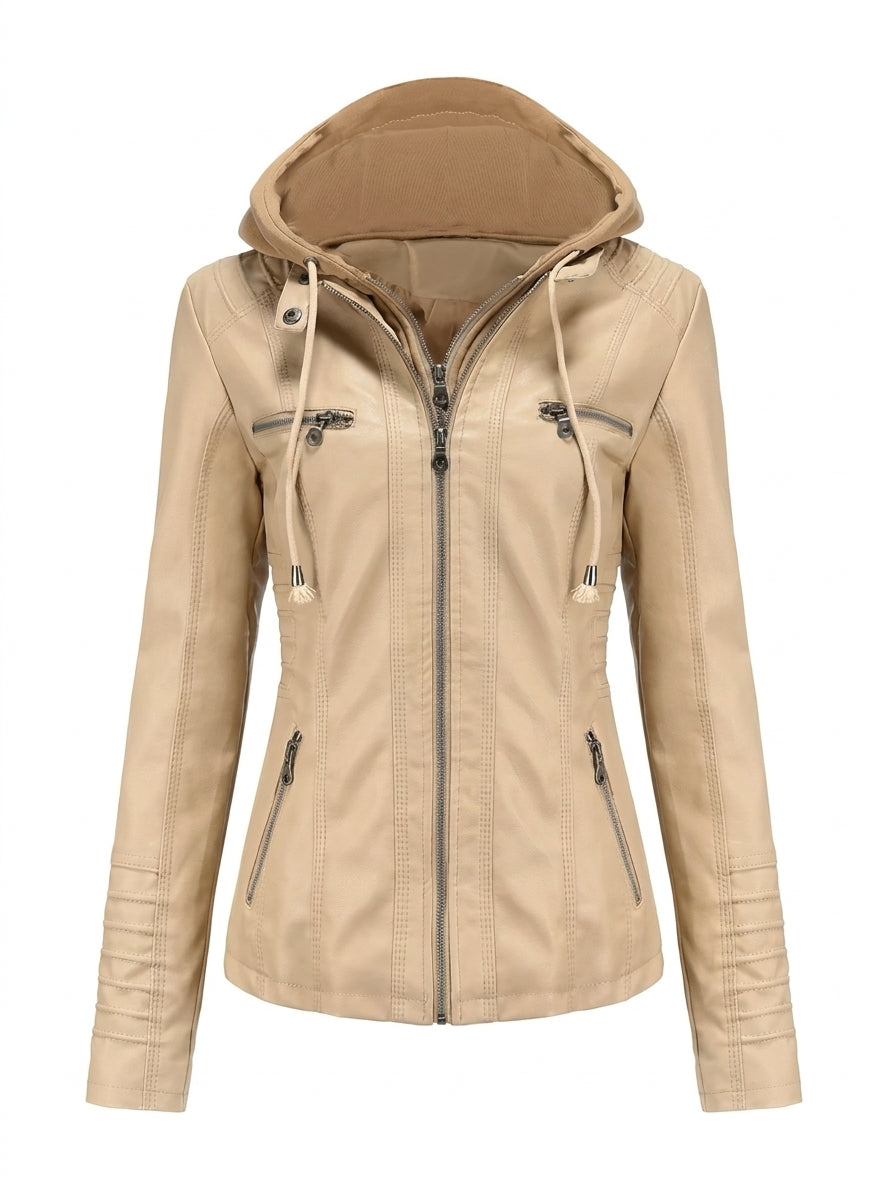 Prune | Veste Effet Cuir Zippée à Capuche Beige Sable