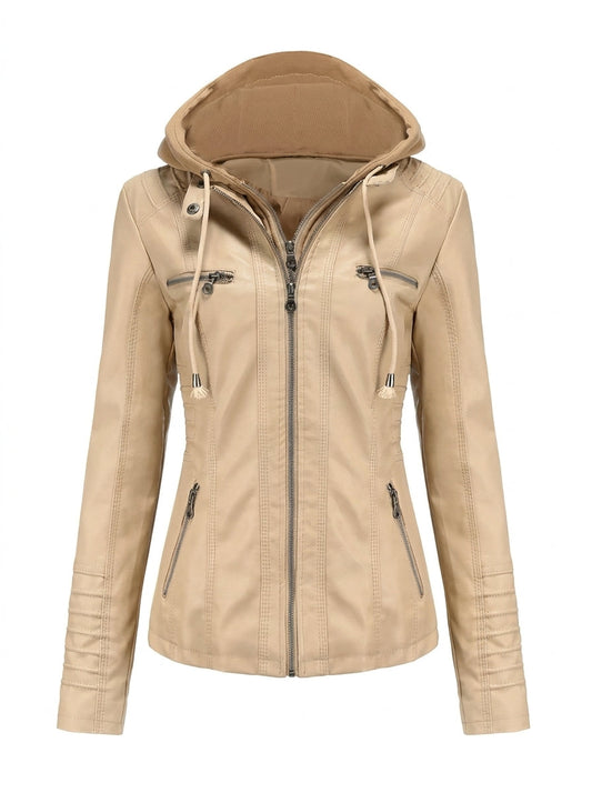 Prune | Veste Effet Cuir Zippée à Capuche Beige Sable