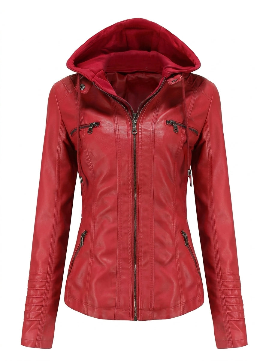 Violaine | Veste Effet Cuir Zippée à Capuche Rouge