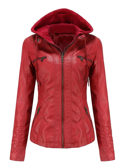Violaine | Veste Effet Cuir Zippée à Capuche Rouge