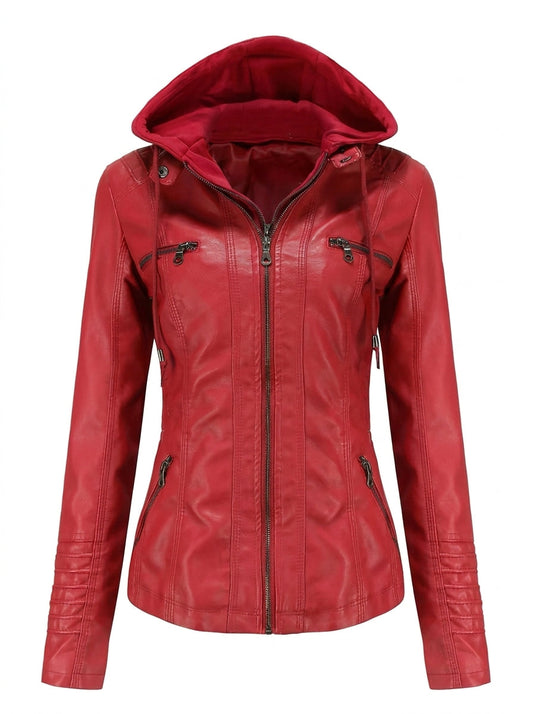 Violaine | Veste Effet Cuir Zippée à Capuche Rouge