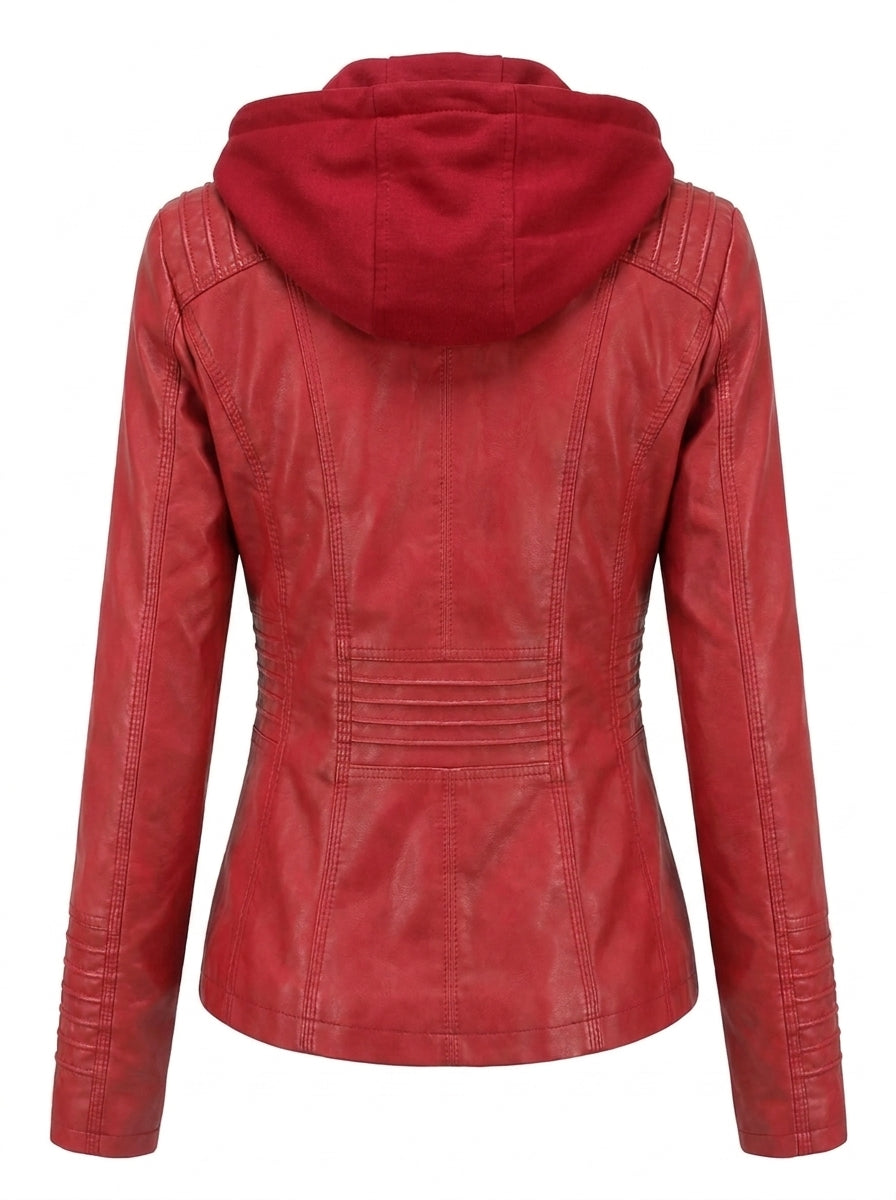 Violaine | Veste Effet Cuir Zippée à Capuche Rouge