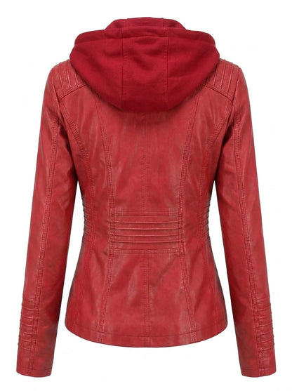 Violaine | Veste Effet Cuir Zippée à Capuche Rouge