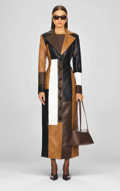 Yolaine | Manteau Long Patchwork Effet Cuir