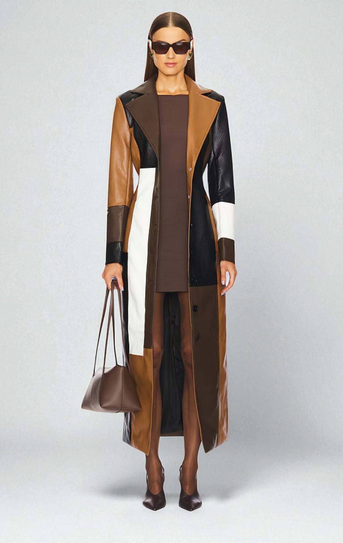Yolaine | Manteau Long Patchwork Effet Cuir