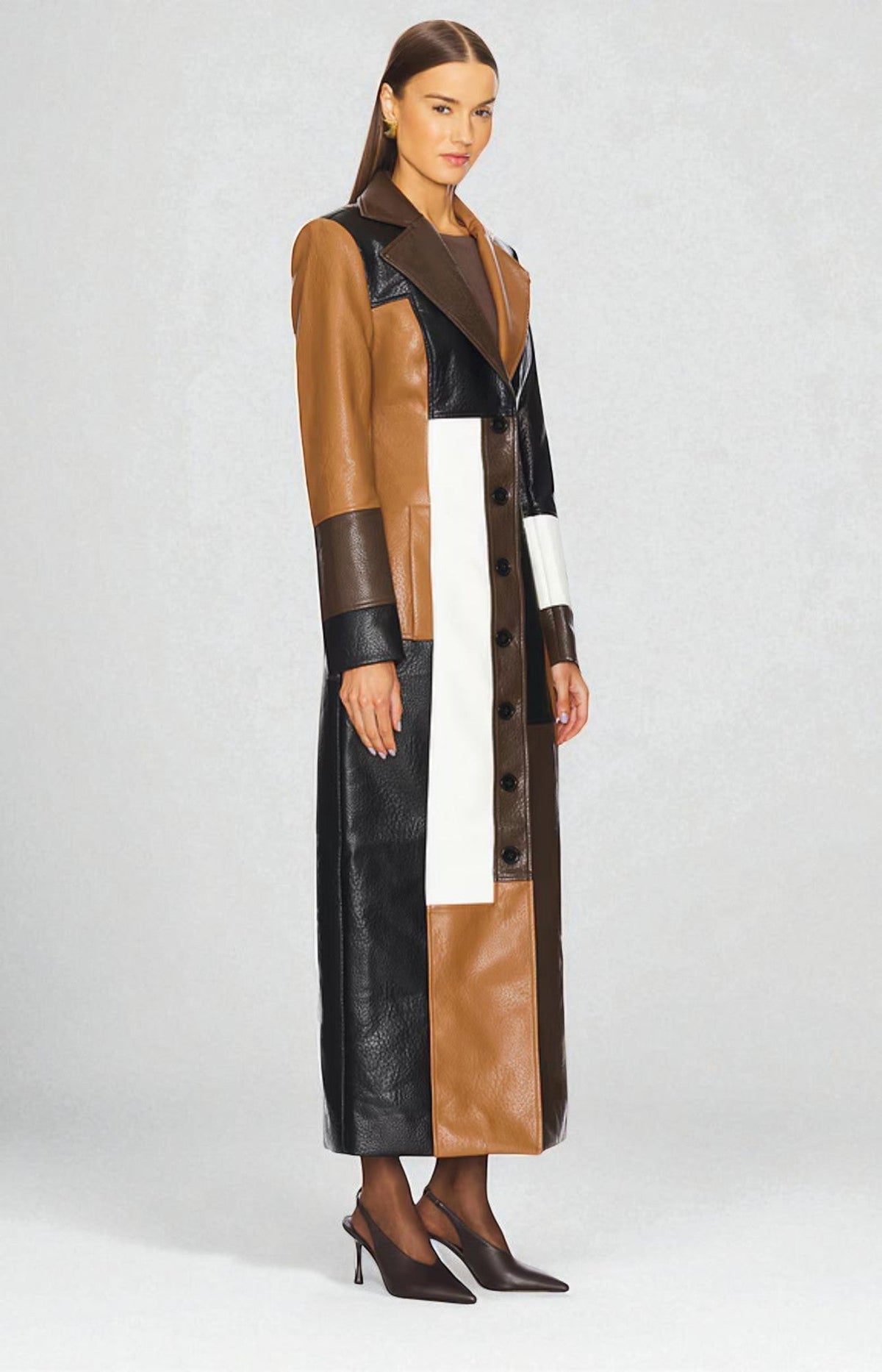 Yolaine | Manteau Long Patchwork Effet Cuir