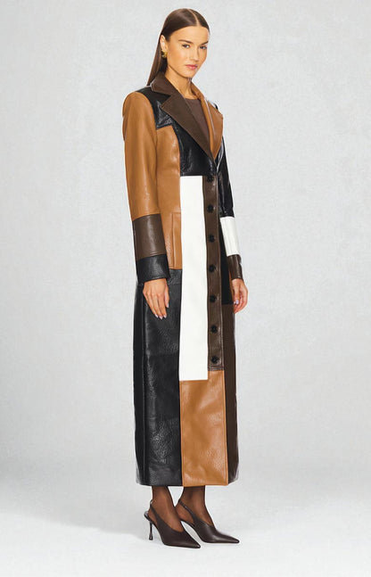 Yolaine | Manteau Long Patchwork Effet Cuir