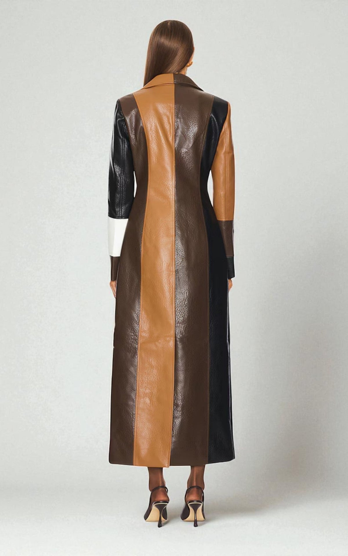 Yolaine | Manteau Long Patchwork Effet Cuir