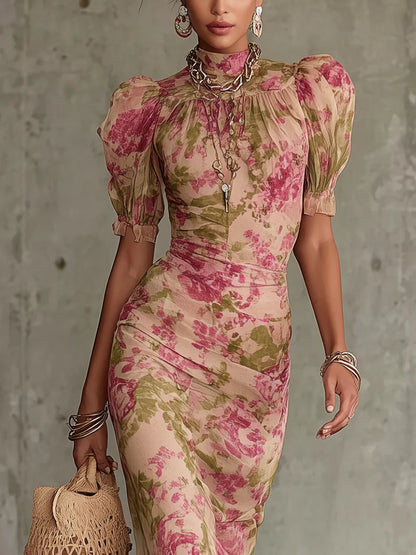 Robe Longue à Imprimé Roses Vintage et Manches Bouffantes (Accessoires non inclus)