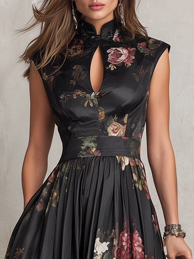 Robe Midi en Satin Noir à Col Trou de Serrure, Jupe Plissée et Imprimé Floral