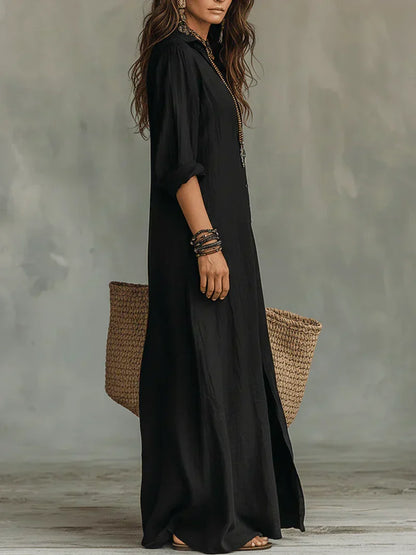 Céline™ | Robe Maxi Noire Ample Boutonnée