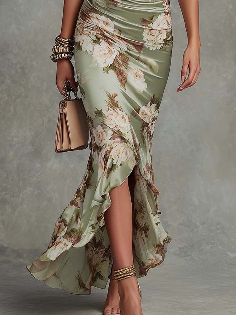 Robe Maxi Verte Asymétrique en Satin à Imprimé Floral, Manches Cloche et Col en V