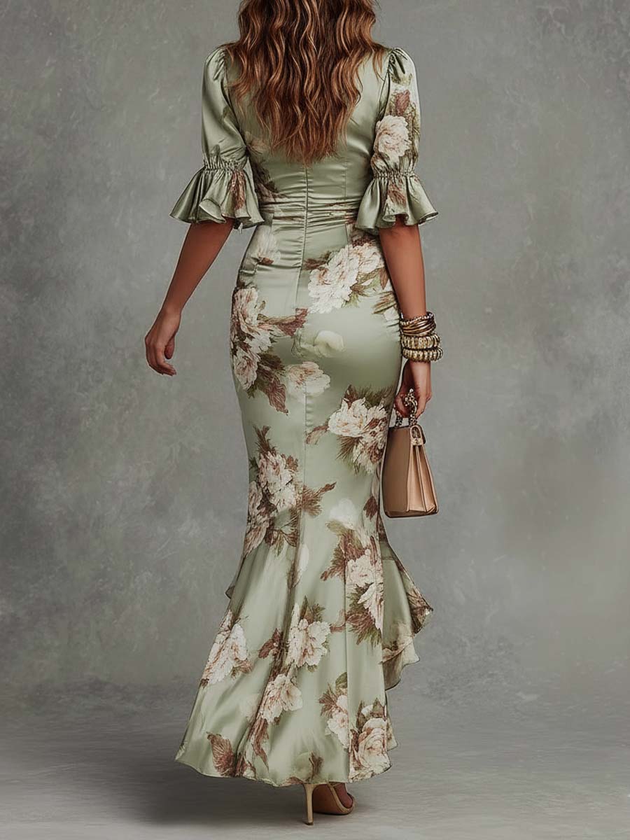 Robe Maxi Verte Asymétrique en Satin à Imprimé Floral, Manches Cloche et Col en V