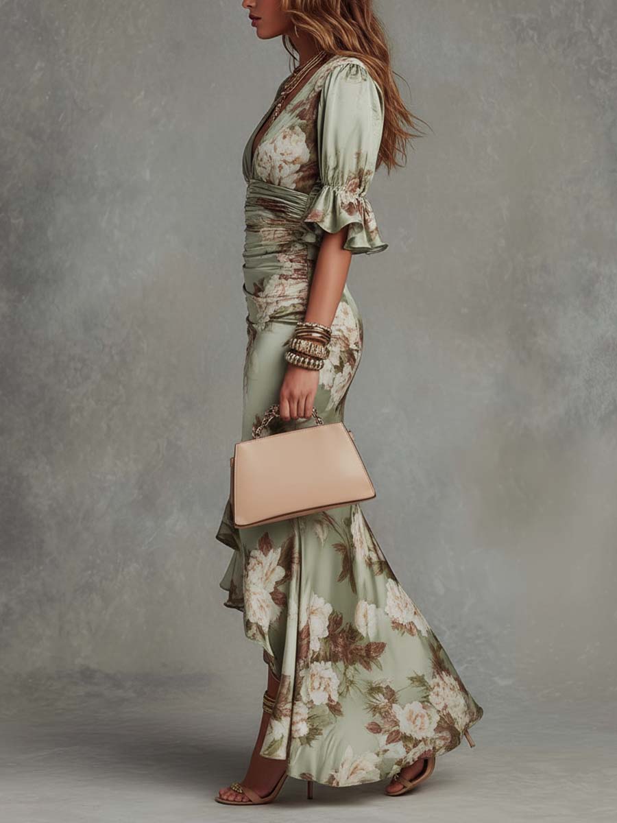 Robe Maxi Verte Asymétrique en Satin à Imprimé Floral, Manches Cloche et Col en V