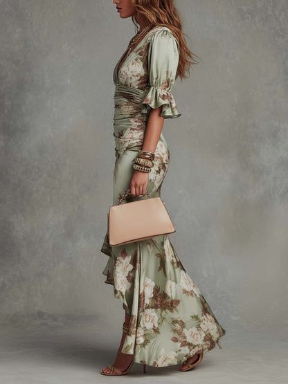 Robe Maxi Verte Asymétrique en Satin à Imprimé Floral, Manches Cloche et Col en V