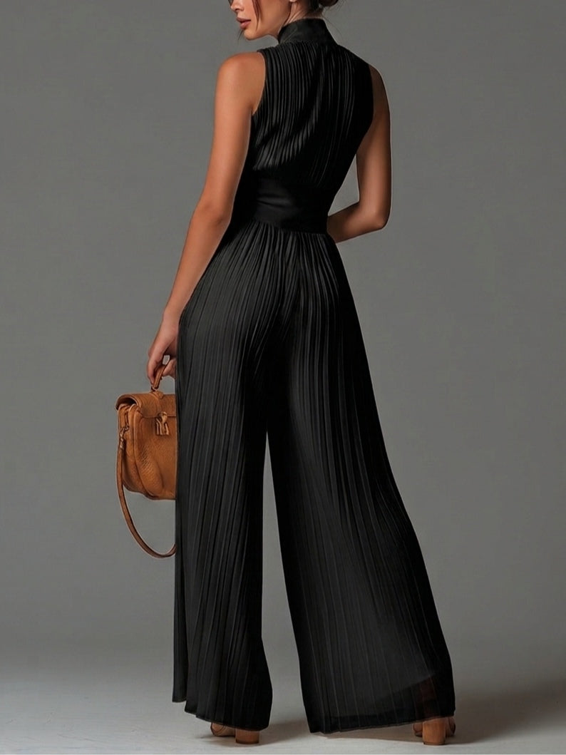 Vittoria · Combinaison en Mousseline Noire Col en V, Sans Manches, Zip et Pantalon Plissé à Jambe Large