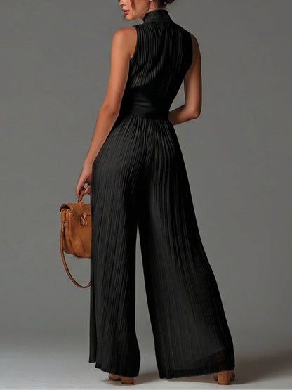 Vittoria · Combinaison en Mousseline Noire Col en V, Sans Manches, Zip et Pantalon Plissé à Jambe Large