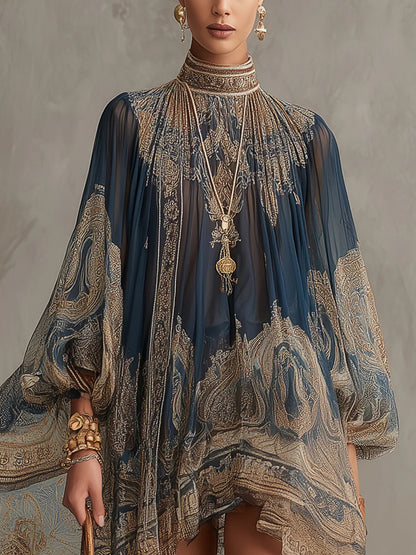 Mini Robe Bleu Marine Asymétrique en Mousseline à Imprimé Baroque et Col Montant