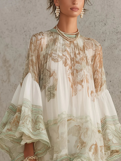 Mini Robe Verte en Mousseline Imprimée à Ourlet Volanté et Manches Évasées
