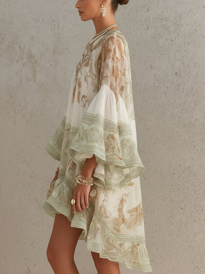 Mini Robe Verte en Mousseline Imprimée à Ourlet Volanté et Manches Évasées