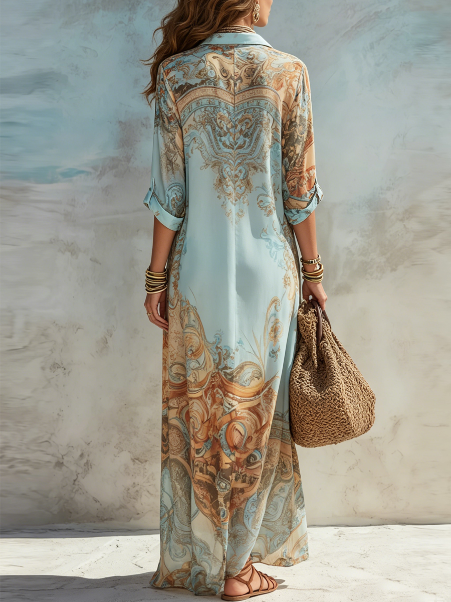 Robe Chemise Longue Bleue à Imprimé Floral Esprit Vacances