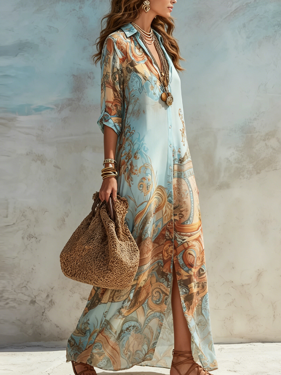 Robe Chemise Longue Bleue à Imprimé Floral Esprit Vacances