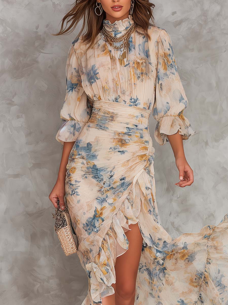 Robe Longue en Mousseline à Col Montant Imprimé Floral pour Femme