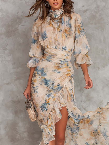 Robe Longue en Mousseline à Col Montant Imprimé Floral pour Femme
