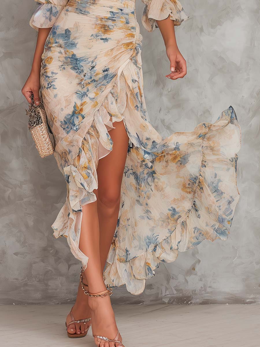 Robe Longue en Mousseline Beige à Col Montant et Imprimé Floral Peint à la Main