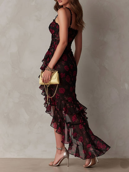 Élégante Robe Fleurie Noir et Rouge à Ourlet Volanté Froncé