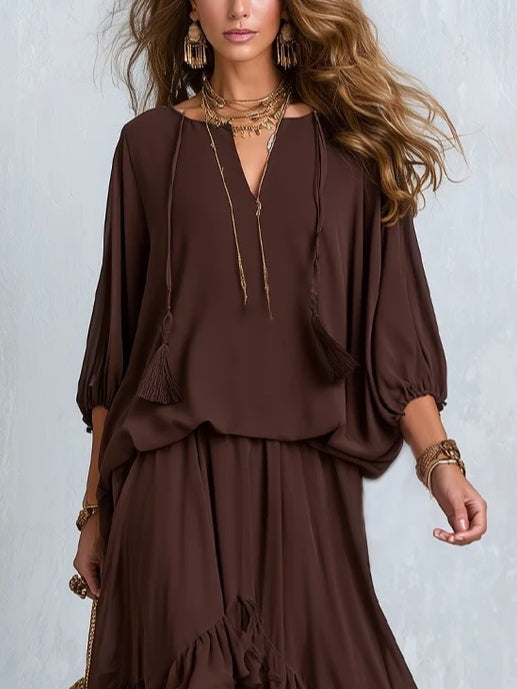Manuela | Ensemble Top à Franges et Jupe à Volants Marron