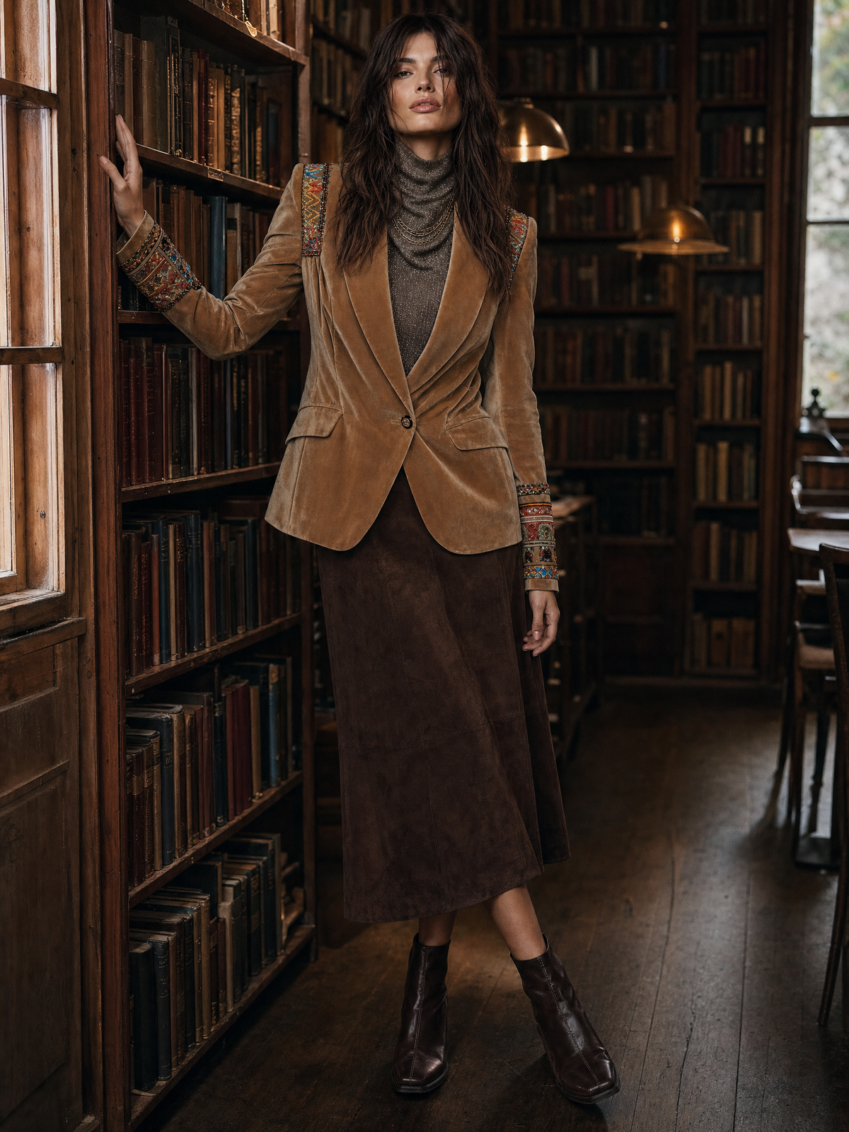 Esther | Blazer en Velours Caramel Brodé Bohème