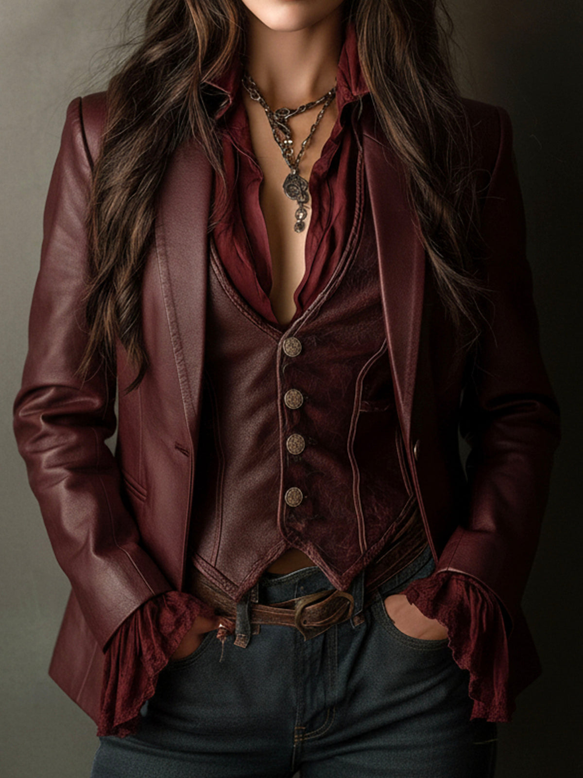 Évangéline | Blazer Bordeaux Effet Cuir