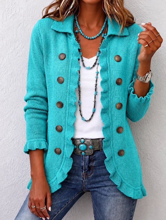 PAULINE | Veste en maille turquoise à volants