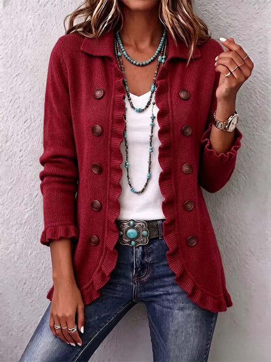 CAMILLE | Veste en maille rouge rubis à volants