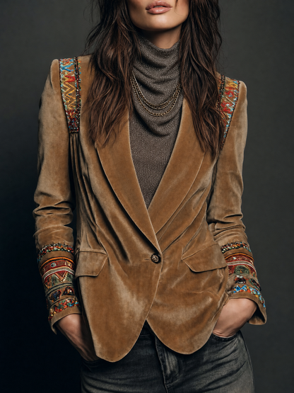 Esther | Blazer en Velours Caramel Brodé Bohème