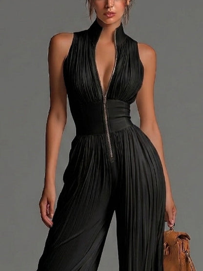 Combinaison Noire en Mousseline Col en V, Sans Manches, Zip et Pantalon Palazzo Plissé