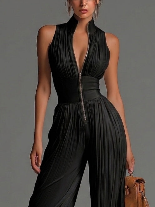 Vittoria · Combinaison en Mousseline Noire Col en V, Sans Manches, Zip et Pantalon Plissé à Jambe Large