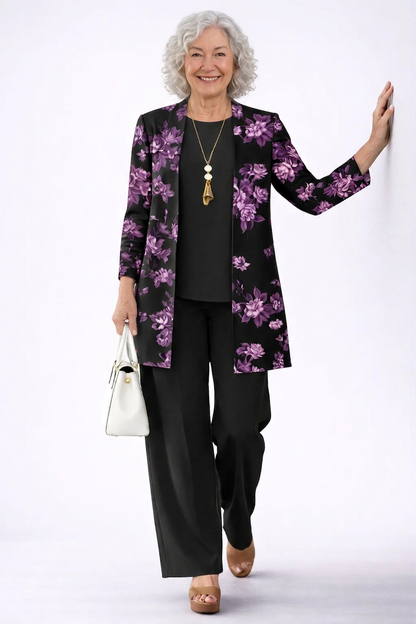 Cyrielle | Ensemble Trois Pièces Noir à Gilet Fleuri Violet