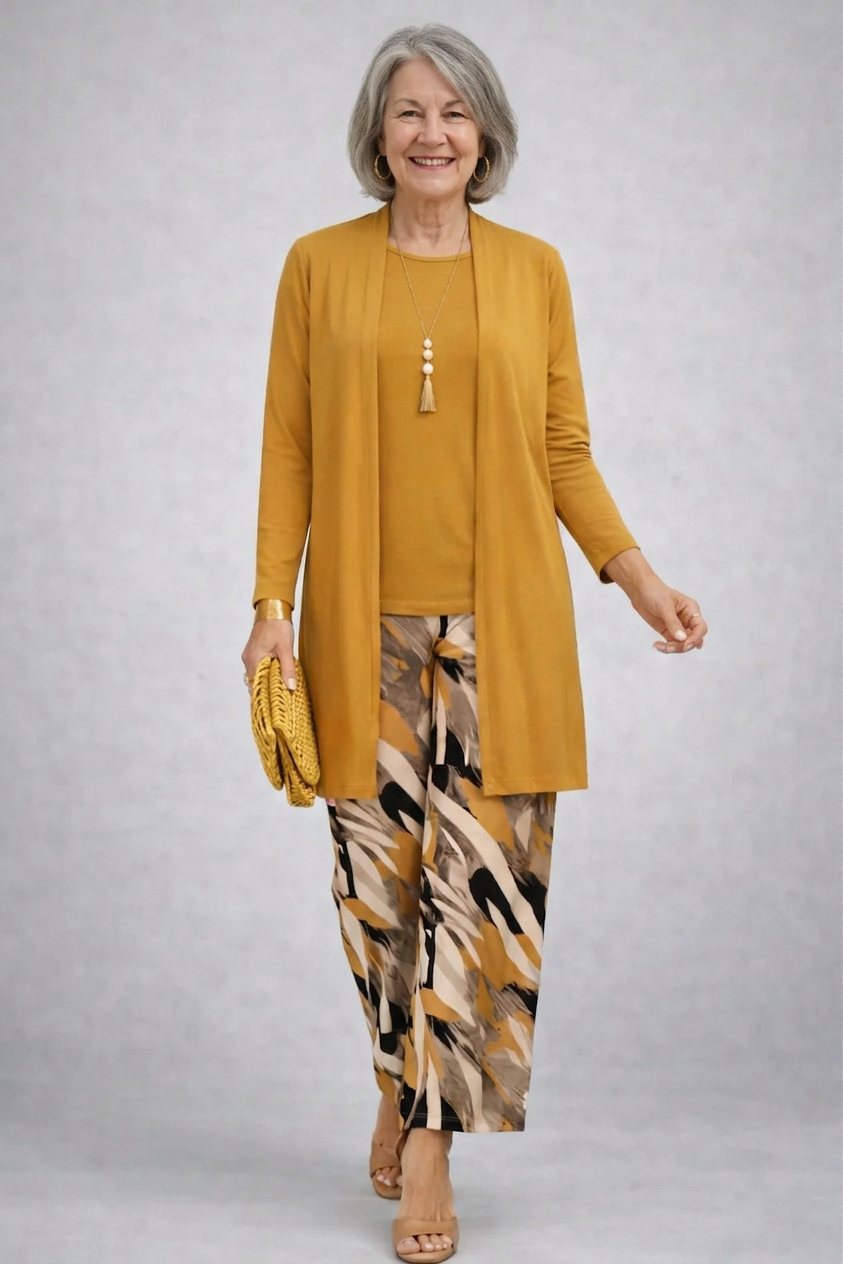 Émeline | Ensemble Trois Pièces Jaune Moutarde à Pantalon Imprimé