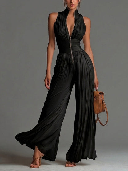 Combinaison Noire en Mousseline Col en V, Sans Manches, Zip et Pantalon Palazzo Plissé